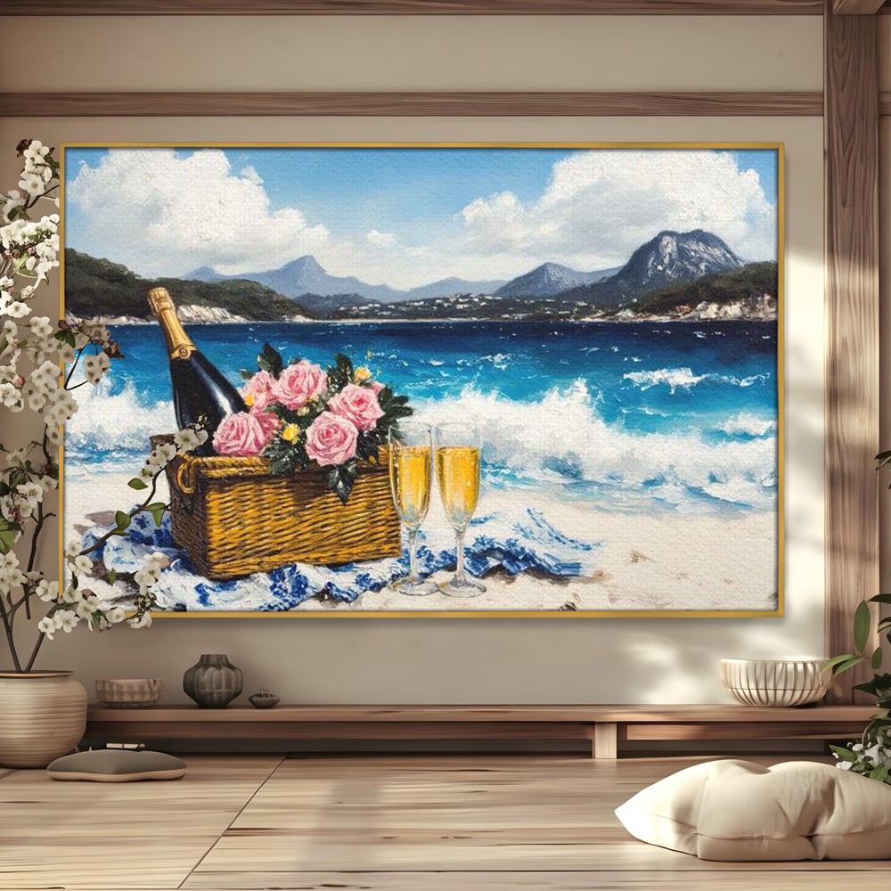 Tablou canvas cu pictura cu picnic pe plaja cu sampanie, in rama de aluminiu auriu